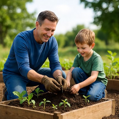 Father and son planting seedlings