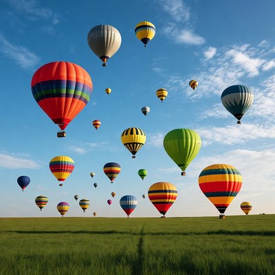 Colorful hot air balloons over green field