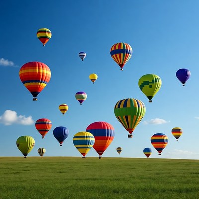 Colorful Hot Air Balloons Over Green Field