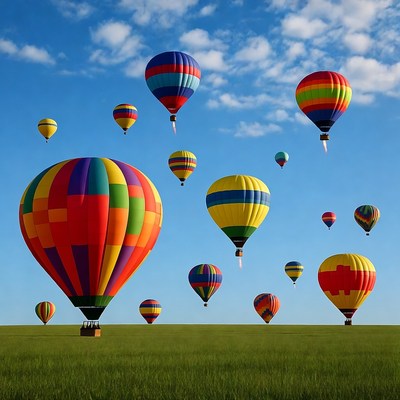 Colorful hot air balloons over green field