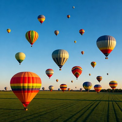 Colorful hot air balloons over green field