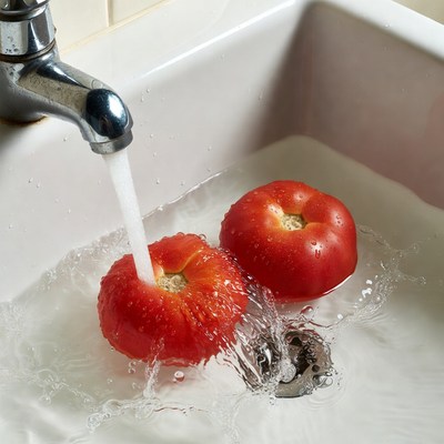Tomatoes Washing Under Faucet in Sink