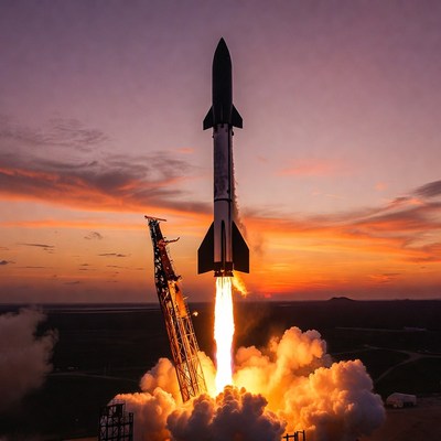 SpaceX Starship Rocket Launching at Sunset