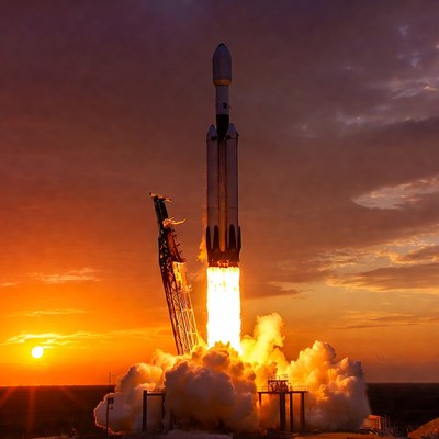 SpaceX Starship Rocket Launching at Sunset