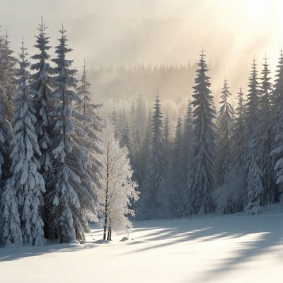 Snowy Fir Trees in Foggy Forest