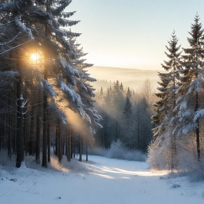 Snowy Pine Forest with Sun Rays