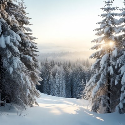 Snowy Pine Forest with Sunlight