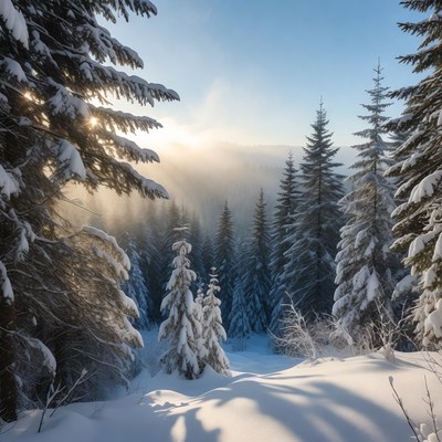 Snowy Pine Forest Sunrise