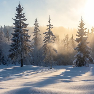 Snowy Pine Forest in Golden Sunrise
