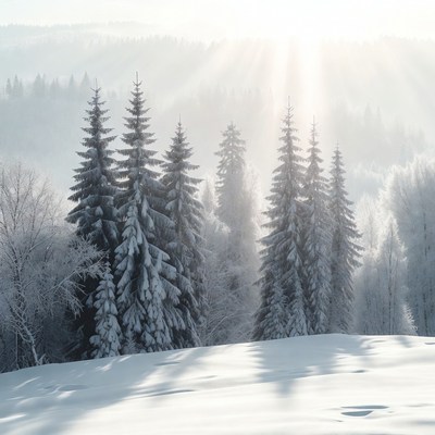 Snowy fir trees with sun rays