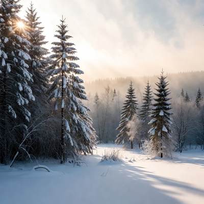 Snowy Pine Forest in Sunlight