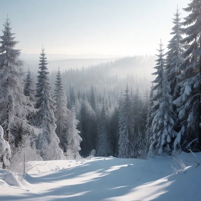 Snowy Pine Forest in Winter Sunlight