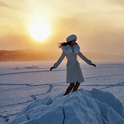 Woman in fur coat on icy rocks at sunset