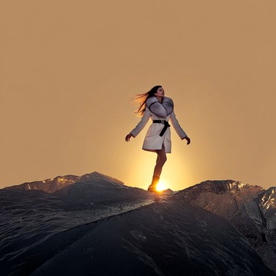 Woman in fur coat on snowy mountain sunset