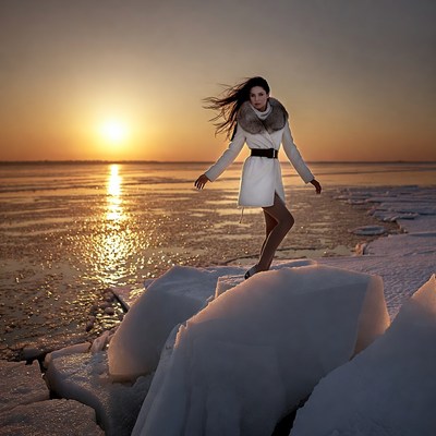 Woman in white fur coat on ice sunset