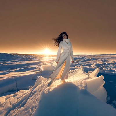 Asian woman in white coat on ice sunset