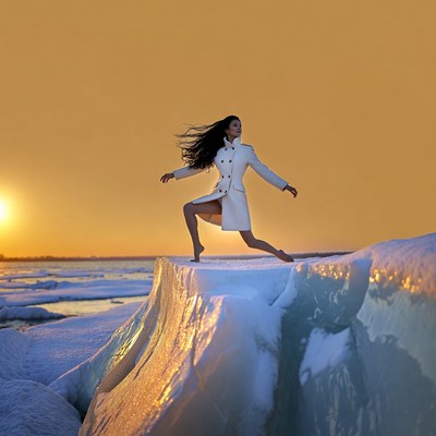 Woman posing on ice cliff at sunset