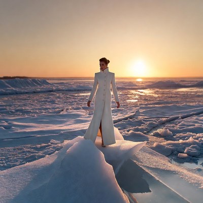 Woman in white coat on ice at sunset