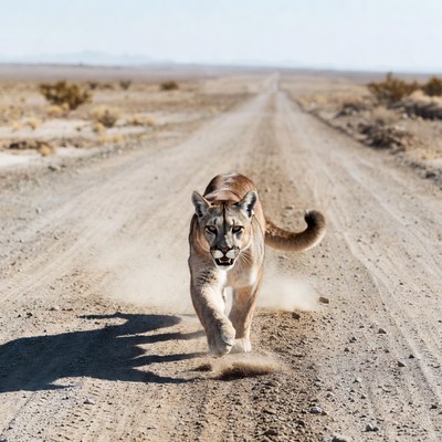 Mountain lion running on desert road