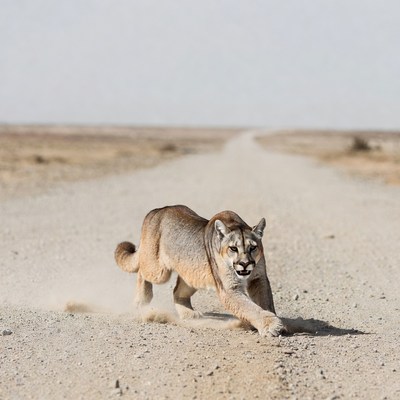 Cougar running on desert road