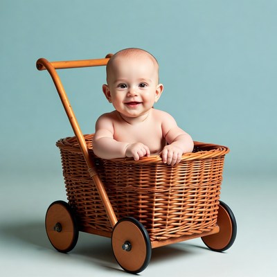 Baby smiling in wooden wicker cart