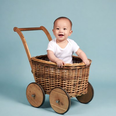 Asian baby smiling in wicker stroller