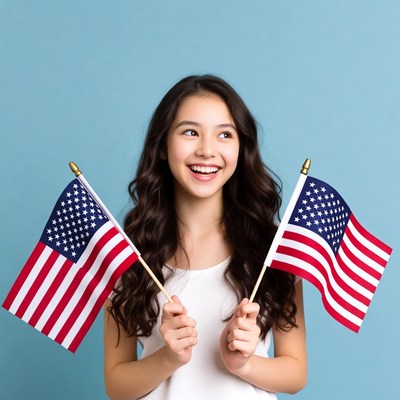 Asian girl holding American flags