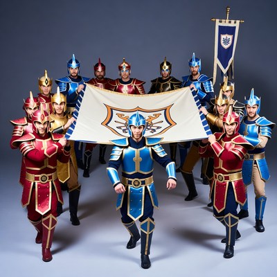 Knights in Red Blue Armor Holding Banner