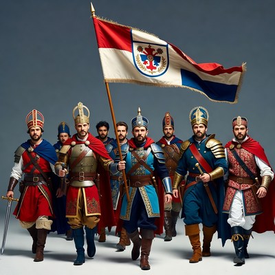 Men in Medieval Armor Holding Flag