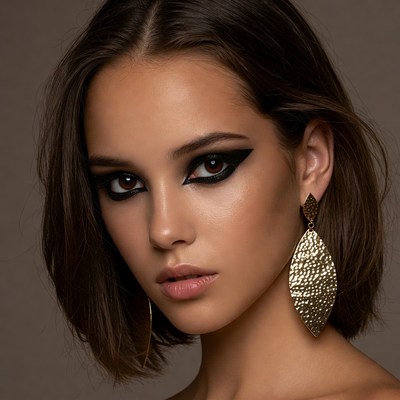 Woman with dramatic black eyeliner and gold earrings