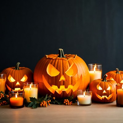 Jack-o'-lanterns with candles on table