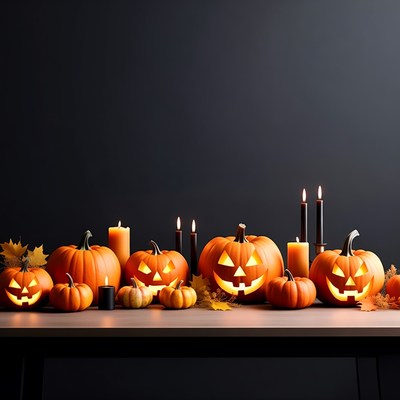 Jack-o'-lanterns and candles on table