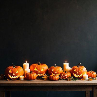 Jack-o'-lanterns and candles on table