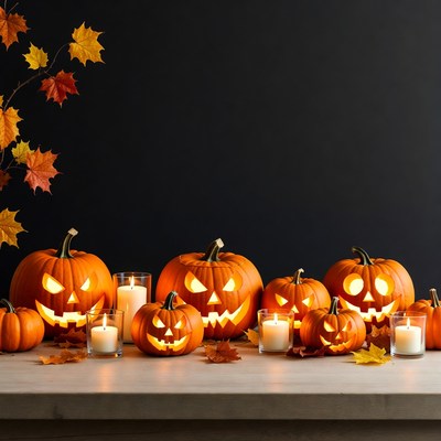 Jack-o'-lanterns on table with fall leaves