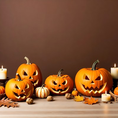 Jack-o'-lanterns with Candles and Autumn Leaves