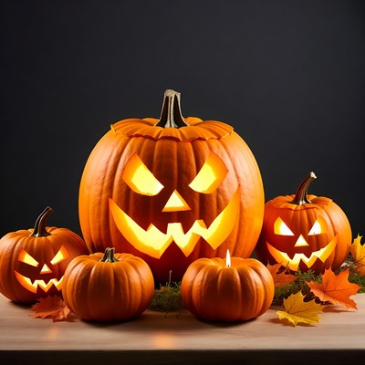 Group of lit jack-o-lantern pumpkins