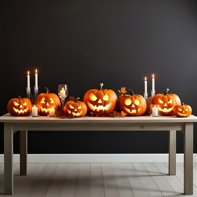 Halloween Jack-o-Lanterns on Wooden Table