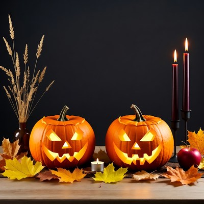 Two Jack-o-Lanterns with Candles