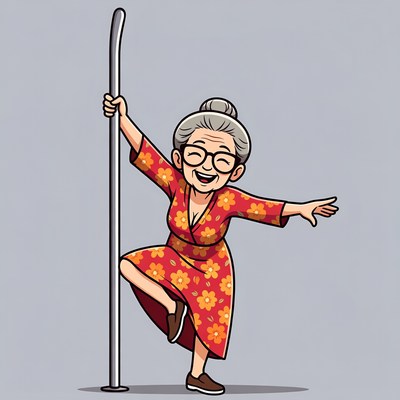Elderly Asian woman pole dancing