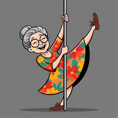Elderly woman pole dancing cartoon