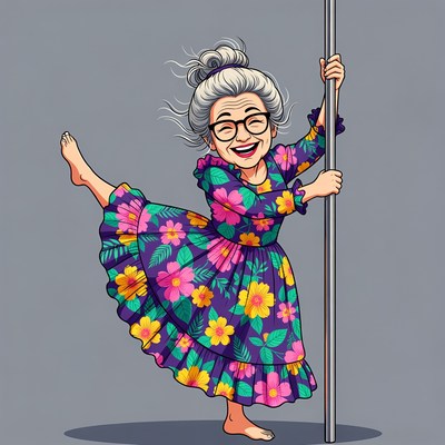 Elderly woman pole dancing illustration
