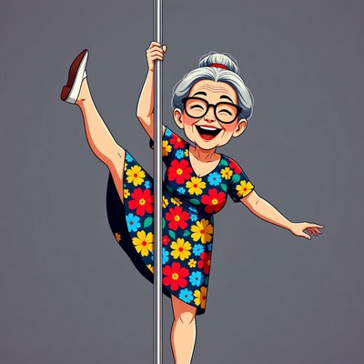 Elderly woman pole dancing illustration