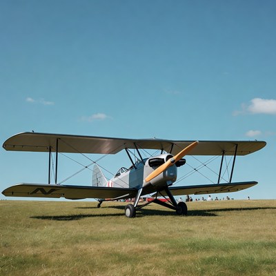 Silver Biplane on Grassy Field