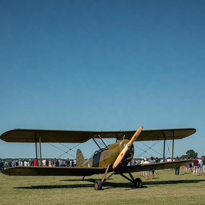 Biplane on grass with crowd