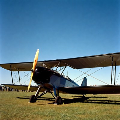 Blue Biplane Parked on Grass