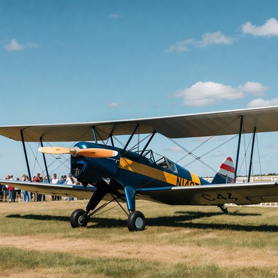 Blue Biplane Parked on Grass Airfield