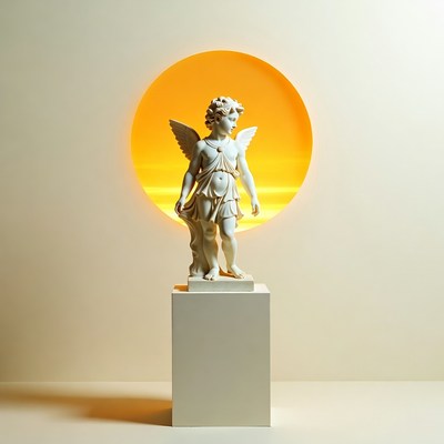 White Angel Statue with Orange Sun
