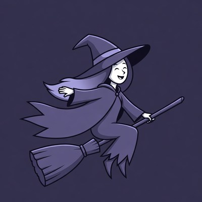 Cartoon Witch Flying on Broomstick