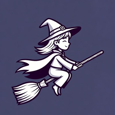 Cartoon girl witch flying broomstick