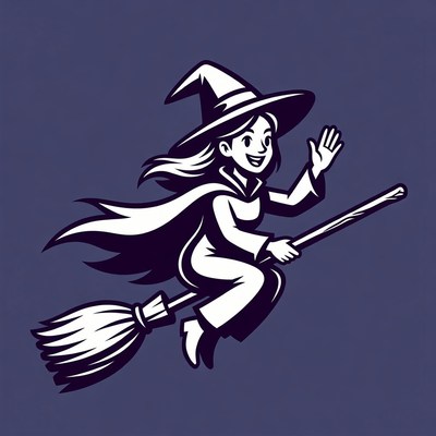 Cartoon girl flying on broomstick